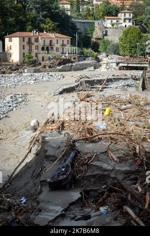 VaLC/Maxppp - Un général de la rivière inondées en raison de la forte pluie de la tempête 'Alex' à Breil sur Roya, France, 03 octobre 2020. De fortes pluies et des conditions météorologiques humides sont attendues, car Alex Storm affecte le sud de la France. Banque D'Images