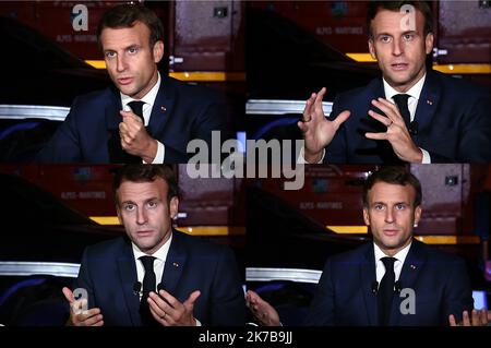 ©PHOTOPQR/L'EST REPUBLICAIN/ALEXANDRE MARCHI ; NANCY ; 07/10/2020 ; TEMPTE ALEX - INTEMPERIES - ALPES MARITIMES - MACRON - ENTRETIEN TELEVISION - TELEVISION. Nancy 7 octobre 2020. Le président de la République, Emmanuel MACRON, répond aux questions des journalistes des chaînes de télévision TF1 et France 2 en direct de Saint-Martin-Vésubie après le passage de la tempête Alex dans les Alpes-Maritimes. PRENEZ LA PHOTO ALEXANDRE MARCHI. - Sud de la France Alex tempête après octobre 7 2020 Banque D'Images