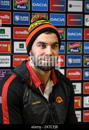 Â©PHOTOPQR/l'INDÉPENDANT/Clementz Michel ; PERPIGNAN ; 22/01/2021 ; PERPIGNAN LE 22 JANVIER 2021 / SPORT / RUGBY A XIII / RFL SUPERLEAGUE BETFRED / PORTRAIT DU NOUVEAU JOUEUR DES DRAGONS CATALANS MIKE MCMEEKEN DEUXIEME LIGNE INTERNATIONAL ANGLAIS EVOLUANT A CASTLEFORD / STADE GILBERT BRUTUS DE PERPIGNAN / - MIKE MCMEEKEN DE CASTELFORT JOUE AVEC LES CATALANS Banque D'Images