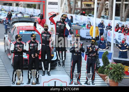 ©PHOTOPQR/LA PROVENCE/ARNOULT Dominique DUCLET Stéphane ; Monaco ; 24/01/2021 ; Rallye de Monté Carlo 2021. Cérémonie de remise des trophées à Monaco. Victoire de Ogier et Ingrassia. Arrivée et podium pour le Monte Carlo WRC 89th Banque D'Images