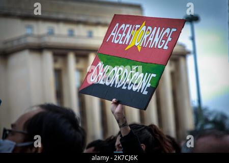 ©Christophe petit Tesson/MAXPPP - 30/01/2021 ; PARIS ; FRANCE - des branlants dissidence des pancartes de soutien a a Franco-Vietnamienne Tran to Nga tours d'un rassemblement a la feuille de l'examen par le tribunal d'‚Äôry de sa simple contre des multinales agrochimiques pour avoir manifeste 'l'agent orange' a l'argarre de la guerre du Vietnam. Les manifestants tiennent des pancartes pour soutenir le Tran franco-vietnamien à Nga lors d'un rassemblement la veille de l'examen par le tribunal d'Evry de sa plainte contre des produits agrochimiques multinationaux pour avoir fourni l'agent Orange à l'Amer Banque D'Images