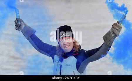 ©PHOTOPQR/OUEST FRANCE/Jérôme Fouquet ; LES SABLES d'OLONNE ; 03/02/2021 ; Vendée Globe. Arrivée de Clarisse Cremer sur son bateau Banque populaire aux Sables d'Olonne. Photo: Jérôme Fouquet/Ouest-France Banque D'Images