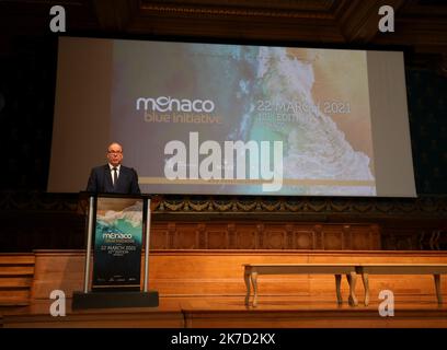 ©PHOTOPQR/NICE MATIN/Jean François Ottonello ; Monaco ; 22/03/2021 ; OTTONELLO JEAN-FRANÇOIS - lundi 22 mars 2021 au musée océanographique de Monaco - ouverture de la Monaco Blue initiative avec décourage de l'inauguration du prince Albert II et intervention vidéo de John Kerry. - Lancée en 2010 par HSH Prince, l'Initiative bleue de Monaco (MBI) est une plate-forme de discussion co-organisée par l'Institut océanographique. Il réunit ses membres une fois par an pour relever les défis mondiaux actuels et futurs en matière de gestion et de conservation des océans. Banque D'Images