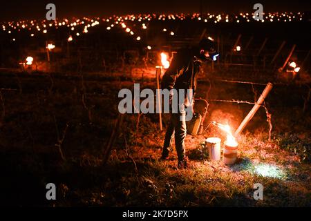 ©PHOTOPQR/OUEST FRANCE/Franck Dubray ; le landreau ; 08/04/2021 ; le gel a encore fritté dans les vignes du vignoble du muscadet pour la deuxième nuit nue conscitive Certains viticulteurs ont utilisé des bougies et des braseros pour le chauffeur de Dubray et de dubrain Banque D'Images