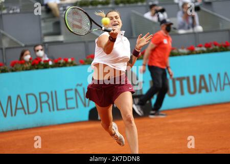 ©Laurent Lairys/MAXPPP - Aryna Sabalenka de Bielorusse pendant la Mutua Madrid Open 2021, Tournoi de tennis Masters 1000 sur 8 mai 2021 à la Caja Magica à Madrid, Espagne - photo Laurent Lairys / MAXPPP Banque D'Images