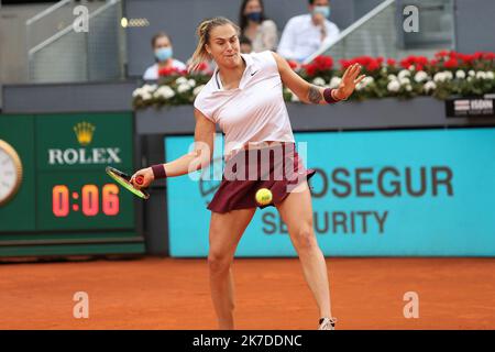 ©Laurent Lairys/MAXPPP - Aryna Sabalenka de Bielorusse pendant la Mutua Madrid Open 2021, Tournoi de tennis Masters 1000 sur 8 mai 2021 à la Caja Magica à Madrid, Espagne - photo Laurent Lairys / MAXPPP Banque D'Images