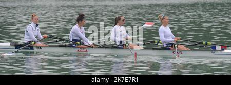 ©PHOTOPQR/LE PROGRES/Philippe TRIAS - 25/06/2021 - Equipe de France d'aviron, Bellecin, 25 juin 2021. -Entraînement des athlètes de l'équipe de France sélectionné pour les Jeux olympiques 2021 au Japon sur le lac de Vouglans. Les filles en 4 de couple, - Emma Lunatti, Marie Jacquet, Margaux Bailleul et Violaine Aernoudt. - Entraînement des athlètes de l'équipe française sélectionnés pour les Jeux Olympiques de 2021 au Japon sur le lac Vouglans. Banque D'Images