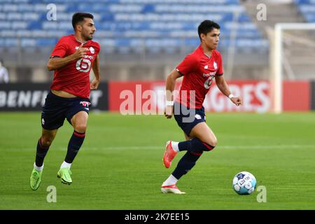 ©PHOTOPQR/VOIX DU NORD/Zack Ajili ; 22/07/2021 ; Almancil, le 21/07/2021, match amical entre le SL Benfica et le LOSC au Estadio do Algarve à Almancil. Il s'agit de l'avant-dernière rencontre de préparation pour l'équipe de Jocelyn Gouvennec. Le Champion de France en titre, en cours au Portugal pour préconnaître le Trophée des Champions face au Paris-Saint Germain le 1er août en Israel affronne SL Benfica, classé 3ème de la dernière saison de Liga nos. Le club principal du Portugal est recollé dans un fiasco judiciaire nommé ' opération Carton Rouge ' qui a provoqué Banque D'Images