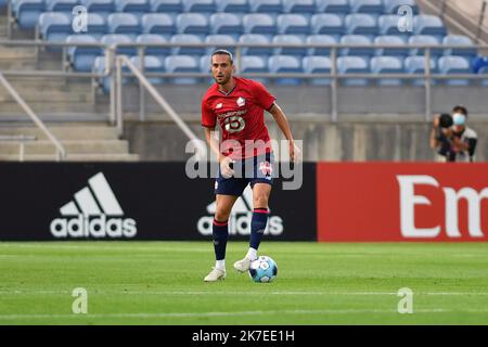 ©PHOTOPQR/VOIX DU NORD/Zack Ajili ; 22/07/2021 ; Almancil, le 21/07/2021, match amical entre le SL Benfica et le LOSC au Estadio do Algarve à Almancil. Il s'agit de l'avant-dernière rencontre de préparation pour l'équipe de Jocelyn Gouvennec. Le Champion de France en titre, en cours au Portugal pour préconnaître le Trophée des Champions face au Paris-Saint Germain le 1er août en Israel affronne SL Benfica, classé 3ème de la dernière saison de Liga nos. Le club principal du Portugal est recollé dans un fiasco judiciaire nommé ' opération Carton Rouge ' qui a provoqué Banque D'Images