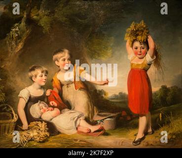 ©Active Museu/MAXPPP - ActiveMuseum 0000297.jpg / les petits enfants de Sir William Heathcote - William Owen (1801) - 1801 - / William Owen / Peinture Active Museum / le Pictorium Baby ,Panier ,bouquet ,enfant ,Robe ,cheveux équitables (blond) ,Portrait de famille ,chapeau de fille ,horizontal ,couché ,nature ,pouce ,meunier ,blé ,debout ,Jeune garçon ,Jeune enfant ,Jeune fille ,Sir William Heathcote ,19th Century ,William Owen ,peinture , Banque D'Images