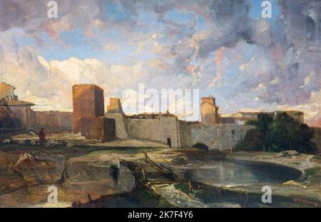 ©Active Museu/MAXPPP - ActiveMuseum 0000589.jpg / les remparts d'Aigues-mortes - Alexandre-Gabriel Decamps (vers 1844) - 1844 - / Alexandre-Gabriel Decamps / peinture Musée actif / Pont du Pictorium ,Château ,ciel nuageux ,Forteresse ,horizontal ,Rampart Rock ,arbre ,cours d'eau ,Aigues-mortes , Languedoc ,Roussillon ,Europe ,19th ,Roumain ,peinture ,Roumain ,France ,Languedoc ,Roussillon ,Europe ,France ,Roumain Banque D'Images