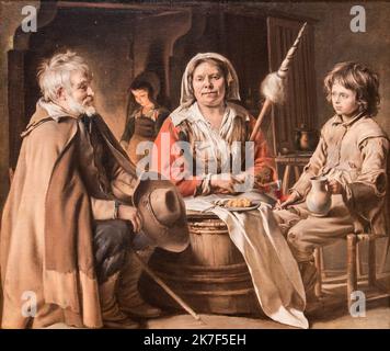 ©Active Museu/MAXPPP - ActiveMuseum 0000889.jpg / un interieur Français, 1645 - Louis le Nain - Un intérieur français 1645 - / Louis le Nain / la peinture Active Museum / le Pictorium Barrel ,Boy ,chaise ,enfant ,Chimney ,Classicisme ,famille ,fille ,chapeau ,Maison ,Jug ,Homme ,Reel horizontal (à être) , Roue , bâton (marche) ,Tableclotch ,filetage ,femme ,17th siècle ,Louis le Nain ,peinture , Banque D'Images