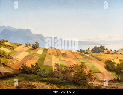 ©Active Museu/MAXPPP - ActiveMuseum 0001053.jpg / Paysage Suisse, 1830 - Alexandre Calame 1830 - / Alexandre Calame / Musée actif de la peinture / le Pictorium Agriculture ,ciel bleu ,Bush ,champ cultivé ,champ cultivé ,bosquet ,horizontal ,Lac ,Paysage ,arbre ,Europe ,Suisse ,Europe de l'Ouest ,19th siècle ,Alexandre Calame ,peinture , Banque D'Images