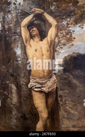 ©Active Museu/MAXPPP - ActiveMuseum 0001373.jpg / Saint Sébastien, vers 1850 - Jean-Baptiste Camille Corot 1850 - / Jean-Baptiste Camille Corot / Musée actif de la peinture / le Pictorium Barbizon école , religion catholique ,Homme ,Martyr ,Saint ,Tie ,arbre ,vertical ,Saint Sebastian ,19th siècle ,Jean-Baptiste-Camille Corot , peinture Banque D'Images