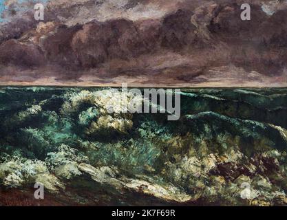 ©Active Museu/MAXPPP - ActiveMuseum 0001395.jpg / la vague, 1870 - Gustave Courbet 1870 - / Gustave Courbet / Musée actif de la peinture / le Pictorium ciel nuageux, horizontal, paysage, ciel menaçant, océan, réalisme, mer, plume, Tempest, vague, 19th siècle, Gustave Courbet, peinture , Banque D'Images