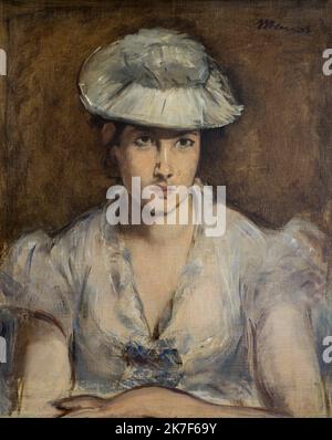 ©Active Museu/MAXPPP - ActiveMuseum 0001387.jpg / Portrait de Marguerite Gauthier-Lathuille, 1879 - Edouard Manet 1879 - / Edouard Manet / peinture Musée actif / le Pictorium robe ,chapeau ,Impressionisme ,Knot ,Portrait ,vertical ,Marguerite Gauthier-Lathuille ,19th Century ,Edouard Manet ,peinture , Banque D'Images