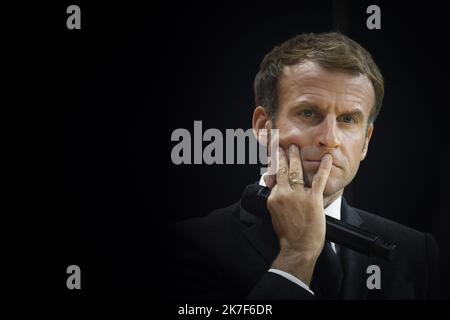 @ Pool/ ELIOT BLONDT/Maxppp, France, Paris, 2021/10/08 le président français Emmanuel Macron prononce un discours lors de la conférence technologique annuelle 'Inno Generation' organisée par la banque d'investissement française Bpifrance à Paris, sur 7 octobre 2021. Banque D'Images