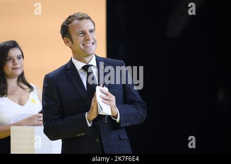 @ Pool/ ELIOT BLONDT/Maxppp, France, Paris, 2021/10/08 le président français Emmanuel Macron prononce un discours lors de la conférence technologique annuelle 'Inno Generation' organisée par la banque d'investissement française Bpifrance à Paris, sur 7 octobre 2021. Banque D'Images