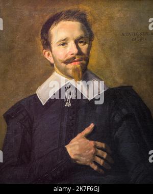 ©Active Museu/MAXPPP - ActiveMuseum 0001522.jpg / l'Homme a la main sur le coeur, 1632 - Frans Hals 1632 - / Frans Hals / Peinture Active Museum / le Pictorium Collar, Goatee (barbe), main, main sur coeur, Homme, moustache Portrait, Renaissance, vertical, Jeune garçon, 17th siècle Frans Hals, peinture, Banque D'Images