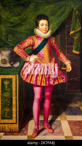 ©Active Museu/MAXPPP - ActiveMuseum 0003148.jpg / Louis XIII en costume de deuil, 1611 - Frans Pourbus le Jeune Huile sur toile 1611 - / Frans Pourbus le Jeune / Musée actif de la peinture / le Pictorium 1 personnes, Bereavement, couleur vive, marron, yeux clairs, couleur, Console, Costume, Couronne, Rideau, Emblem, broderie, Grand chapeau (portrait), Or (couleur), Roi, main verte, King, King, King ,Navarre (Espagne) ,Rose (couleur) ,Portrait ,Ruff () ,cheveux courts ,épée ,Collants ,vertical ,taille ,Jeune garçon ,Europe ,France ,Ile-de-France (région) ,Paris ,Europe occidentale ,Louis XIII ,17th cen Banque D'Images