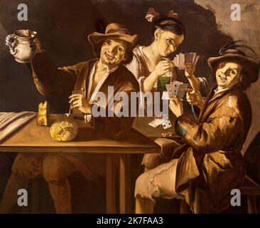 ©Active Museu/MAXPPP - ActiveMuseum 0003220.jpg / joueurs de cartes dans une auberge, XVIIe - Giacomo Cipper dit Todeschini huile sur toile / Todeschini / Musée actif de la peinture / le Pictorium 3 personnes, pain, marron, carte, jeu de cartes, fromage, scène conviviale, scène de la vie quotidienne, boisson, buveur, animation (fun), Haillon, cheveux, chapeau, Hostellerie horizontale, pichet, vin, petit, petit-vin, petit-vin, petit-vin, petit-pain, petit-paysan, pas, vin, petit-vin, petit-vin, petit-vin, petit-vin, petit-vin, petit-pain , Relaxation ,scène de vie ,Table ,Taverne ,femme ,17th siècle ,Todeschini ,peinture , Banque D'Images