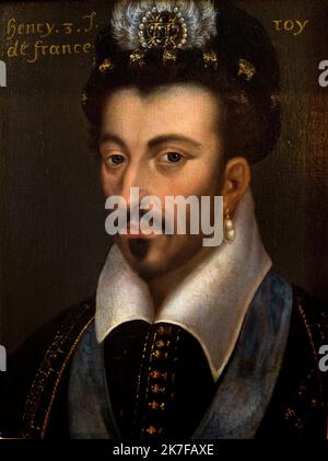 ©Active Museu/MAXPPP - ActiveMuseum 0005759.jpg / Henri III Roi de France, ecole française XVIIème siecle, Portraits royaux provenants de la galerie de portraits de la Chartreuse du Liget / Anonyme / peinture Active Museum / le Pictorium 1 personnes, fond noir, Calligraphie, vêtements, Costume, bijou d'oreille, plumes, chapeau, Henry III, personnage historique, Histoire, Ivoire, Roi de France, Kingship, Homme, Portrait, pose verticale, 17th Siècle ,Anonyme ,peinture , Banque D'Images