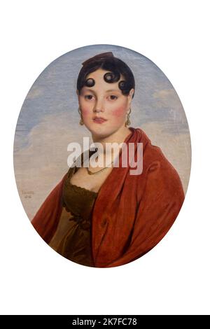 ©Active Museu/MAXPPP - ActiveMuseum 0006132.jpg / Portrait de Madame Aymon dite 'la belle Zelie' 1806 - / Jean-Auguste-Dominique Ingres / Musée actif de la peinture / le Pictorium 20 à 40 ans, robe brune, ciel nuageux, Oasis, Portrait, tissu rouge, vertical, Mme Aymon, 19th siècle, Jean-Auguste-Dominique Ingres , peinture Banque D'Images