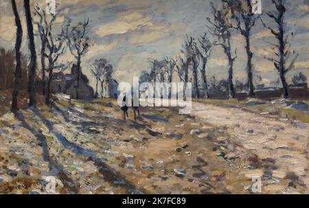 ©Active Museu/MAXPPP - ActiveMuseum 0006194.jpg / route, effet de neige soleil couchant / Claude Monet / peinture Active Museum / le Pictorium 2 personnes ,ciel nuageux ,horizontal ,Maison ,Impressionnisme ,ombre et lumière ,neige ,coucher de soleil ,piste ,arbre ,paysage hivernal ,19th siècle ,Claude Monet ,peinture , Banque D'Images