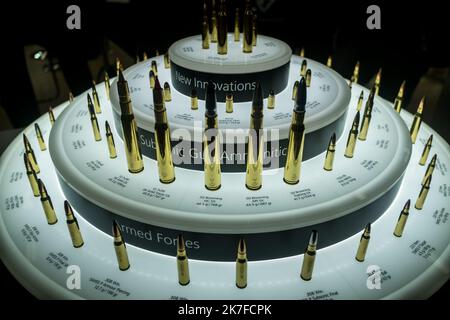 ©Michael Bunel / le Pictorium/MAXPPP - Illustration. Balles de différents calibre. Salon Milipol. 21 octobre 2021. Villepinte. France. Banque D'Images