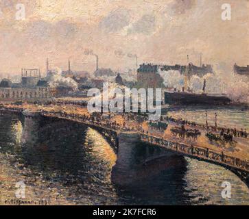 ©Active Museu/MAXPPP - ActiveMuseum 0006200.jpg / le Pont Boieldieu a Rouen soleil couchant, Temps brumeux 1896 - / Camille Pissaro / Peinture Active Museum / le Pont du Pictorium , caractère ,ville ,ciel nuageux ,foule ,Port ,horizontal ,chariot à cheval ,Impressionisme ,Mist ,bateau à moteur ,Rivière ,Paysage rural ,fumée ,Europe ,France ,Rouen ,Seine-Maritime ,haute-Normandie ,Europe occidentale ,19th , peinture ,Paillo ,peinture Banque D'Images