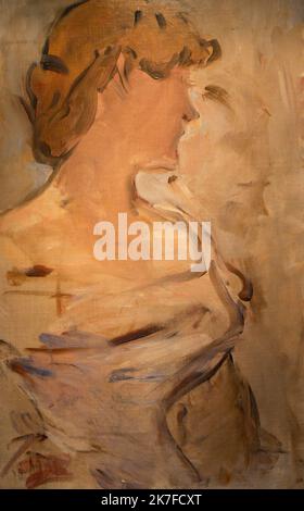 ©Active Museu/MAXPPP - ActiveMuseum 0006319.jpg / au bal 1877 - / Edouard Manet / peinture Active Museum / le Pictorium ball, chignon (petit pain), main sur les hanches, main sur les hanches, lumière, Contour, profil (corps), robe dédroite, robe blanche, femme, Marguerite de Conflans, 19th siècle, Edouard Manet, peinture verticale Banque D'Images