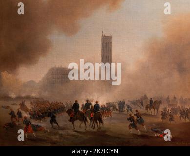 ©Active Museu/MAXPPP - ActiveMuseum 0006415.jpg / la tour Saint-Jacques reprise par les troupes vervoilaises, mai 1871 / Gustave Boulanger / Peinture Active Museum / le Pictorium bombardement ,Bâtiment () ,Cannon ,ciel nuageux ,incendie ,Groupe ,horizontal ,chevaux ,blessés ,Ile ,Tour ,troupes ,quartier des armes ,Europe ,France ,Paris ,4th , région de fumée ,Paris (4th arrondissement de Paris) ,Tour Saint-Jacques ,Europe de l'Ouest ,19th siècle ,Gustave Boulanger ,peinture , Banque D'Images