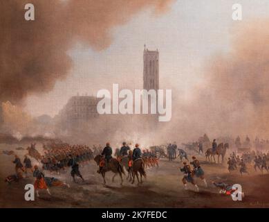 ©Active Museu/MAXPPP - ActiveMuseum 0006727.jpg / la tour Saint-Jacques reprise par les troupes vervoilaises, mai 1871 / Gustave Boulanger / Peinture Active Museum / le Pictorium bombardement ,Bâtiment () ,Cannon ,ciel nuageux ,incendie ,Groupe ,horizontal ,chevaux ,blessés ,Ile ,Tour ,troupes ,quartier des armes ,Europe ,France ,Paris ,4th , région de fumée ,Paris (4th arrondissement de Paris) ,Tour Saint-Jacques ,Europe de l'Ouest ,19th siècle ,Gustave Boulanger ,peinture , Banque D'Images