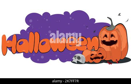 Bannière Halloween heureuse ou fond d'invitation de fête avec des nuages de nuit et des citrouilles. Illustration vectorielle. Pleine lune dans le ciel, toile d'araignée et chauves-souris volantes. Placer pour le texte Illustration de Vecteur
