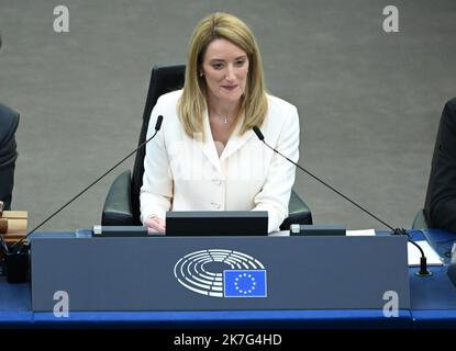 ©PHOTOPQR/l'ALSACE/Jean-Marc LOOS ; Strasbourg ; 18/01/2022 ; Roberta Metsola élée présidente du Parlement européen à Strasbourg le 18 JANVIER 2022 ; - 2022/01/18 - Roberta METSOLA, nouvelle présidente du Parlement européen. Banque D'Images