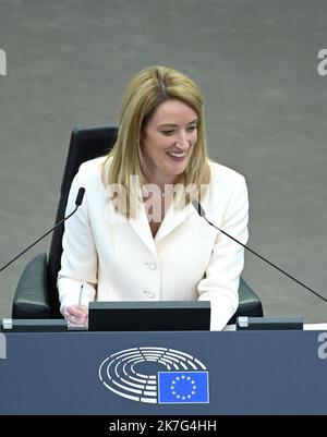 ©PHOTOPQR/l'ALSACE/Jean-Marc LOOS ; Strasbourg ; 18/01/2022 ; Roberta Metsola élée présidente du Parlement européen à Strasbourg le 18 JANVIER 2022 ; - 2022/01/18 - Roberta METSOLA, nouvelle présidente du Parlement européen. Banque D'Images