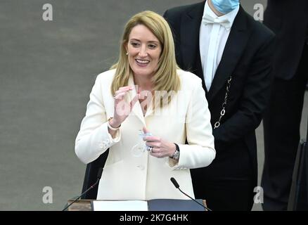 ©PHOTOPQR/l'ALSACE/Jean-Marc LOOS ; Strasbourg ; 18/01/2022 ; Roberta Metsola élée présidente du Parlement européen à Strasbourg le 18 JANVIER 2022 ; - 2022/01/18 - Roberta METSOLA, nouvelle présidente du Parlement européen. Banque D'Images