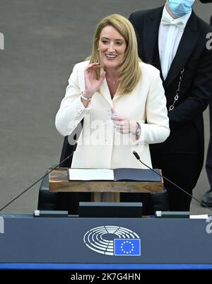 ©PHOTOPQR/l'ALSACE/Jean-Marc LOOS ; Strasbourg ; 18/01/2022 ; Roberta Metsola élée présidente du Parlement européen à Strasbourg le 18 JANVIER 2022 ; - 2022/01/18 - Roberta METSOLA, nouvelle présidente du Parlement européen. Banque D'Images