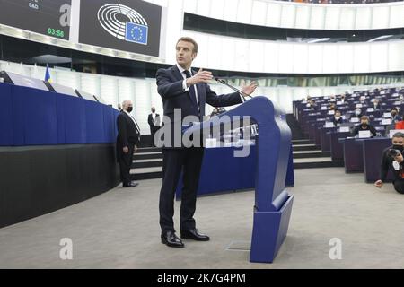 ©PHOTOPQR/DNA/Jean-François BADIAS ; Strasbourg ; 19/01/2022 ; Emmanuel Macron dévant les Européens le président français Emmanuel Macron au siège principal du Parlement européen, à Strasbourg, France, sur 19 janvier 2022. Banque D'Images