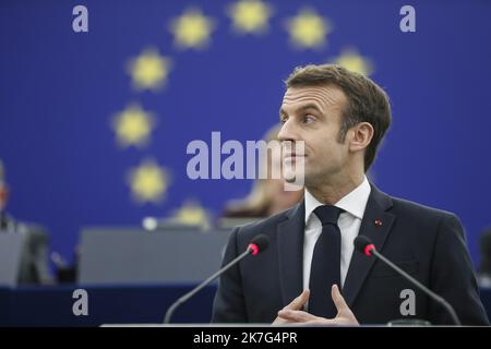 ©PHOTOPQR/DNA/Jean-François BADIAS ; Strasbourg ; 19/01/2022 ; Emmanuel Macron dévant les Européens le président français Emmanuel Macron au siège principal du Parlement européen, à Strasbourg, France, sur 19 janvier 2022. Banque D'Images