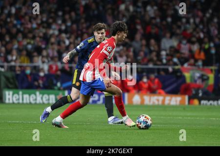 ©Manuel Blondau/AOP Press/MAXPPP - Joao Felix de l'Atlético de Madrid lors de l'UEFA Champions League Round de 16, match de 1st jambes entre l'Atlético de Madrid et Manchester United au stade Wanda Metropolitano à 23 février 2022, en Espagne. Banque D'Images