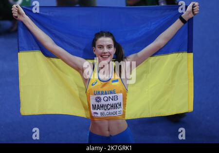 ©Laurent Lairys/MAXPPP - Yaroslava MAHUCHIKH de l'Ukraine finale femmes de saut en hauteur hommes pendant les Championnats du monde d'athlétisme en salle 2022 sur 18 mars 2022 à l'arène Stark à Belgrade, Serbie - photo Laurent Lairys / Banque D'Images