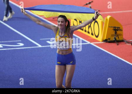 ©Laurent Lairys/MAXPPP - Yaroslava MAHUCHIKH de l'Ukraine finale femmes de saut en hauteur hommes pendant les Championnats du monde d'athlétisme en salle 2022 sur 18 mars 2022 à l'arène Stark à Belgrade, Serbie - photo Laurent Lairys / Banque D'Images