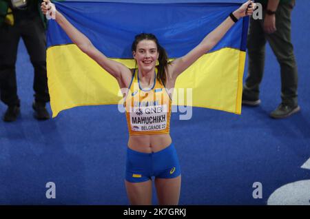 ©Laurent Lairys/MAXPPP - Yaroslava MAHUCHIKH de l'Ukraine finale femmes de saut en hauteur hommes pendant les Championnats du monde d'athlétisme en salle 2022 sur 18 mars 2022 à l'arène Stark à Belgrade, Serbie - photo Laurent Lairys / Banque D'Images