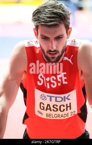 ©STADION-ACTU/STADION ACTU/MAXPPP - 20/03/2022 ; ; - ATHLETISME Dimanche 20 mars 2022 Championnats du monde Athlétisme en salle Belgrade Loic GASCH High Jump BELGRADE ATHLÉTISME WORLD INDOOR Banque D'Images