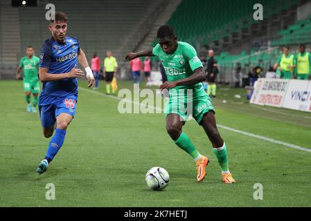 Thierry Larret / MAXPPP. Ligue de football 1 Uber Eats. Association Sportive de Saint-Etienne contre Stade de Reims. Le 14 mai 2022, Stade Geoffroy-Guichard, Saint-Etienne (42). Banque D'Images