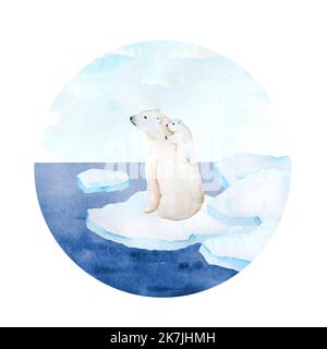 Aquarelle illustration dessinée à la main de l'ours blanc polaire. Animal mère bébé cub Kid, nordic North pole espèces en voie de disparition sur le paysage de la neige glacée, ursus climat protection tundra environnement Banque D'Images