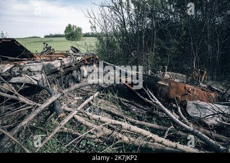©Nicolas Cleuet / le Pictorium / MAXPPP - Kharkiv 12/05/2022 Nicolas Cleuet / le Pictorium - 12/5/2022 - Ukraine / Kharkov / Kharkiv - Tank russe detruit proche du village de Koropy 08 05 2022. Debut mai, les forces ukrainiennes ont mene a contre offensive repussant l'armée russe à un kilomètre de la ville. Reportage dans les villages libertés. / 12/5/2022 - Ukraine / Kharkov / Kharkiv - char russe détruit près du village de Koropy 08 05 2022. Au début du mois de mai, les forces ukrainiennes ont mené une contre-offensive poussant l’armée russe à vingt kilomètres de la ville. Rapport dans le Banque D'Images