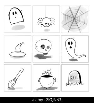 halloween illustrations simples dessinées à la main, fond blanc Banque D'Images