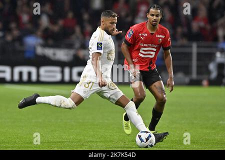 ©PHOTOPQR/Ouest FRANCE/Philippe RENAULT ; Rennes ; 31/08/2022 ; Rennes - Brest . ( Stade Rennais FC contre Stade Brestois 29 ). Championnat de France de football, Ligue 1, journée 5. Youcef BELALILI et Lorenz ASSIGNON photo Philippe RENAULT / Ouest-France Banque D'Images